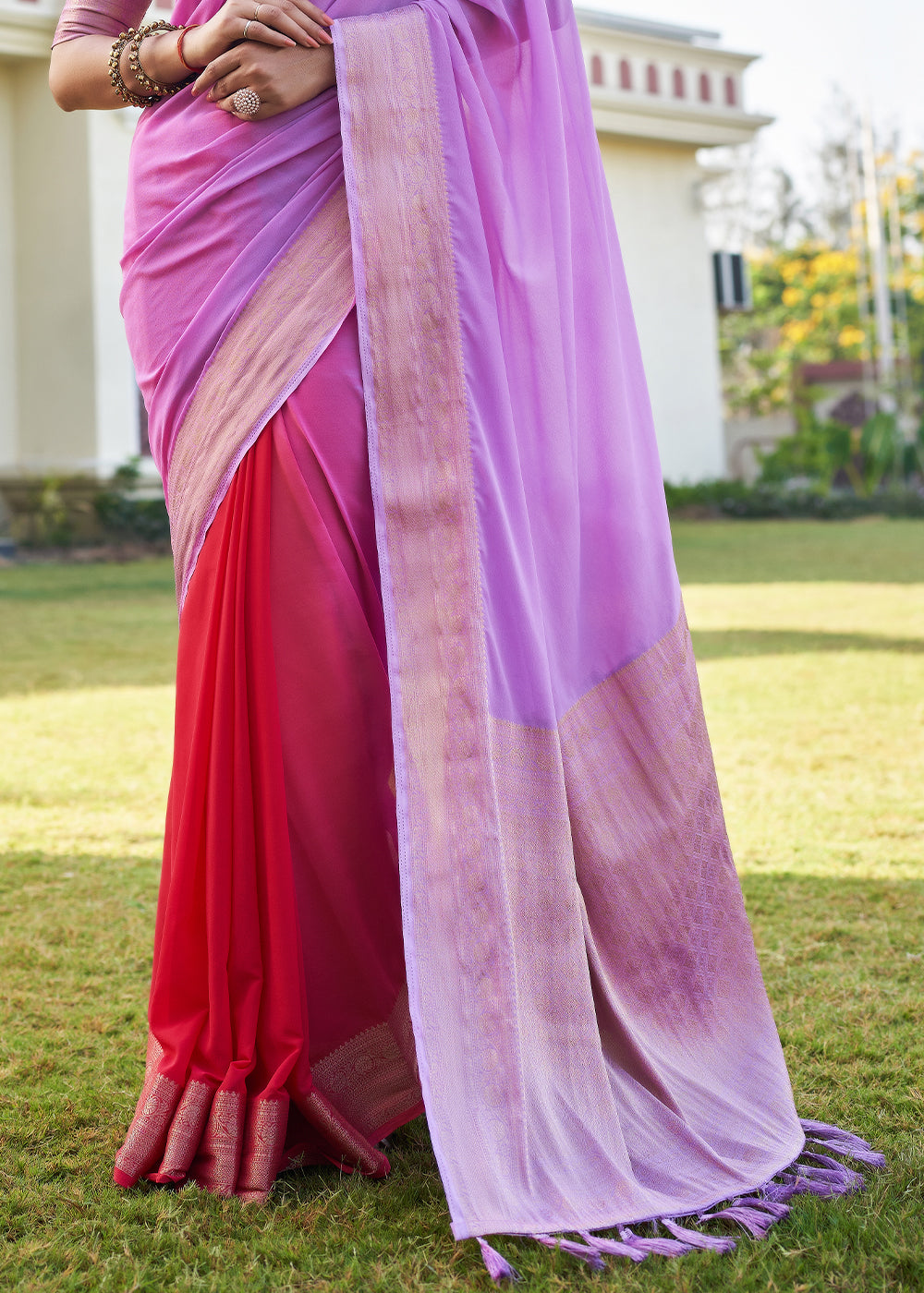 Lavender and Red Woven Georgette saree