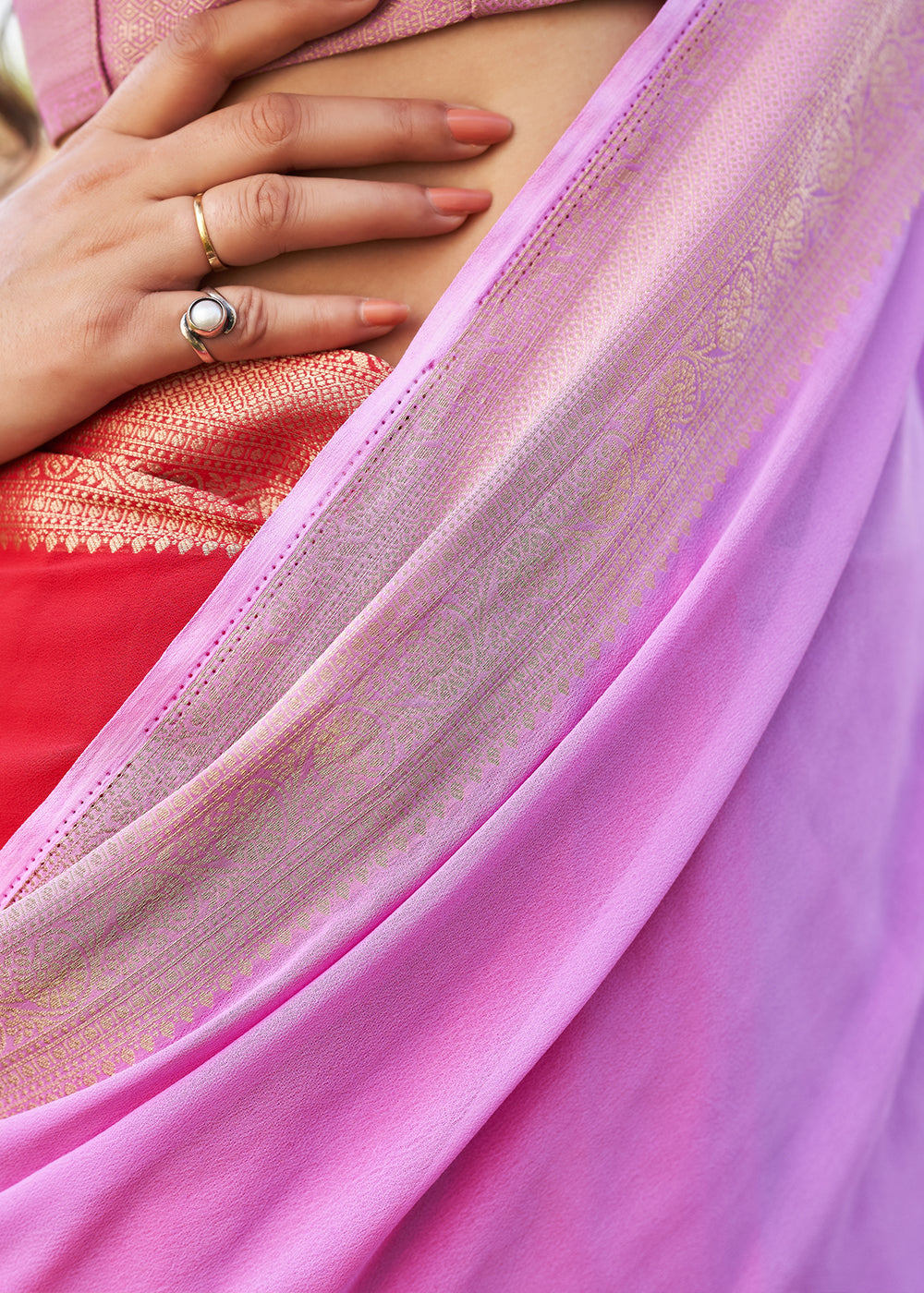 Lavender and Red Woven Georgette saree