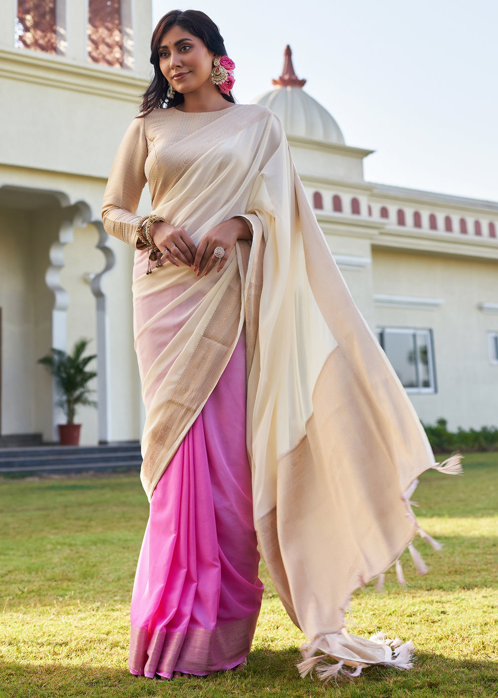 Timberwolf White and Pink Woven Georgette saree