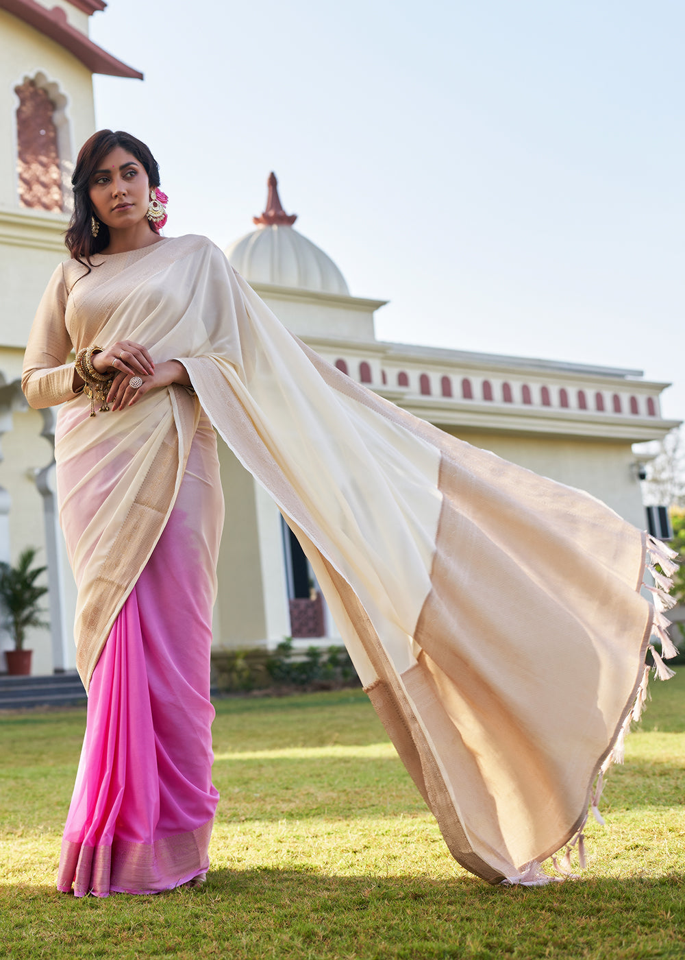 Timberwolf White and Pink Woven Georgette saree