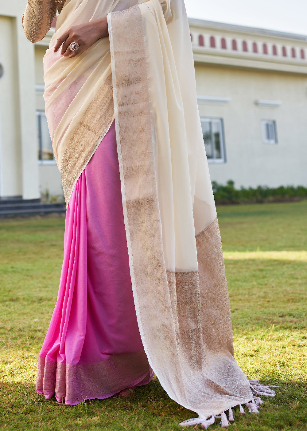 Timberwolf White and Pink Woven Georgette saree