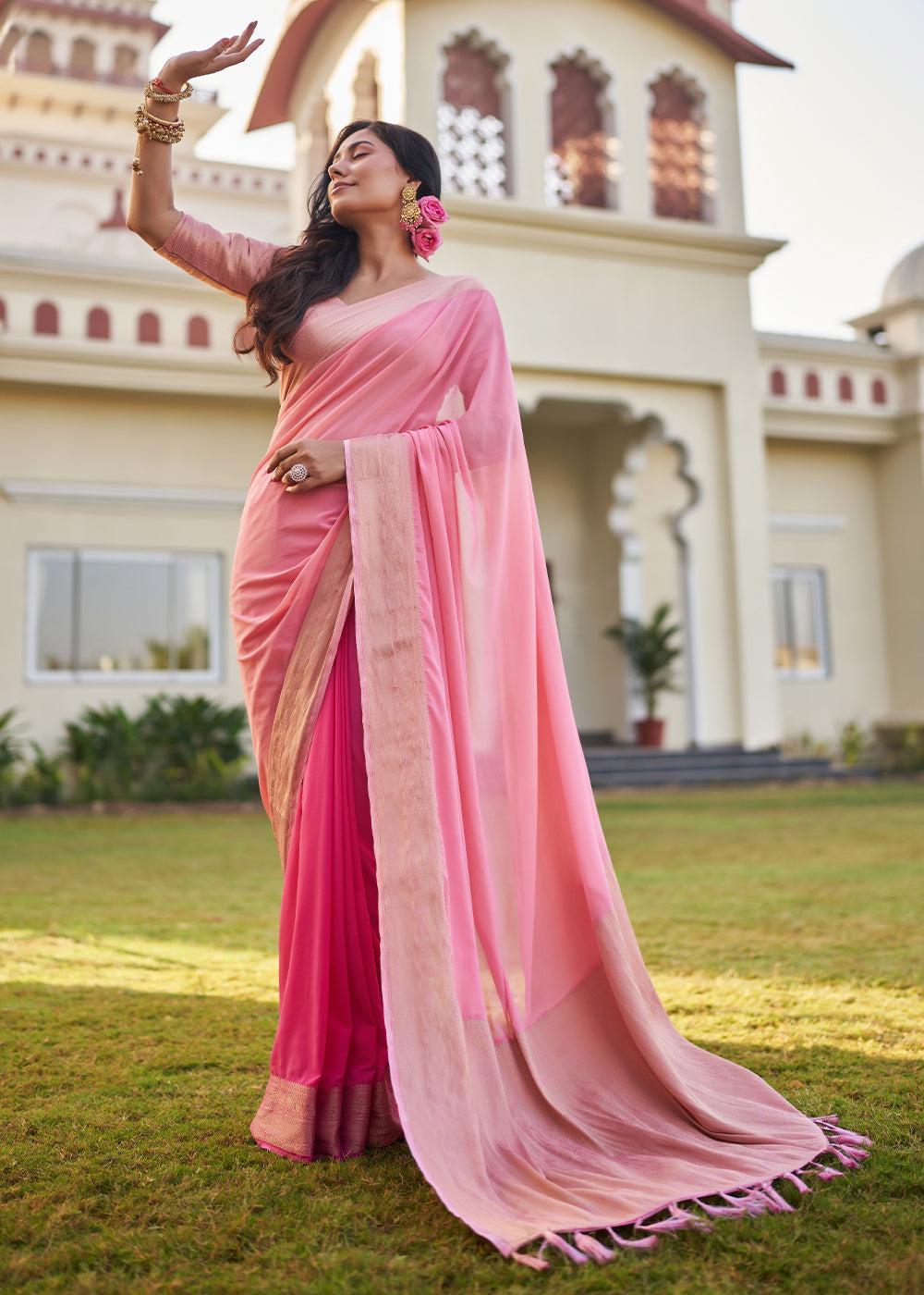 Charm Pink Woven Georgette saree