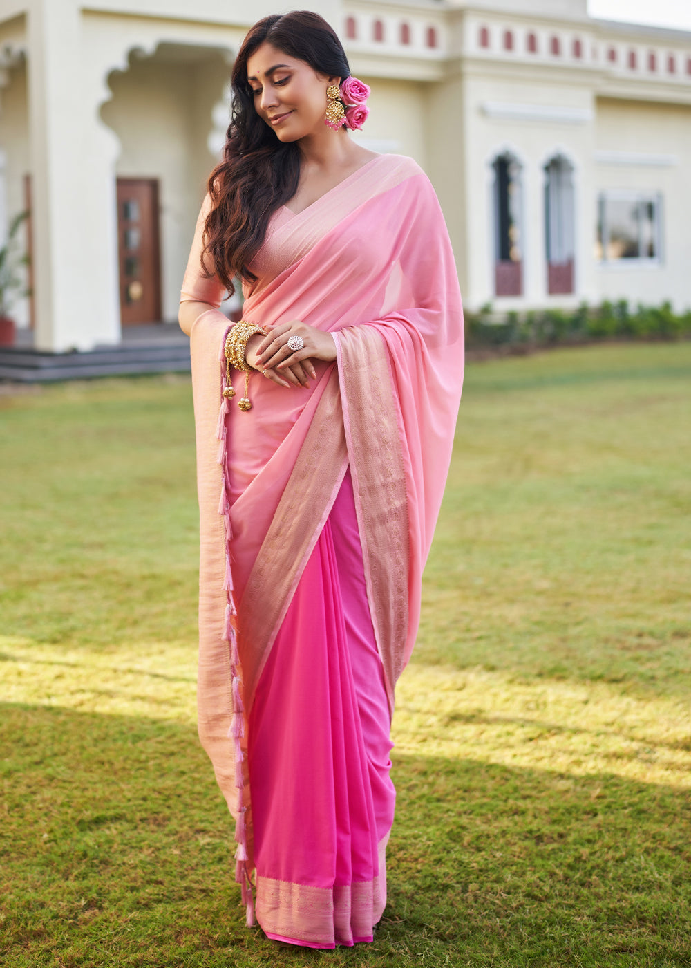 Charm Pink Woven Georgette saree