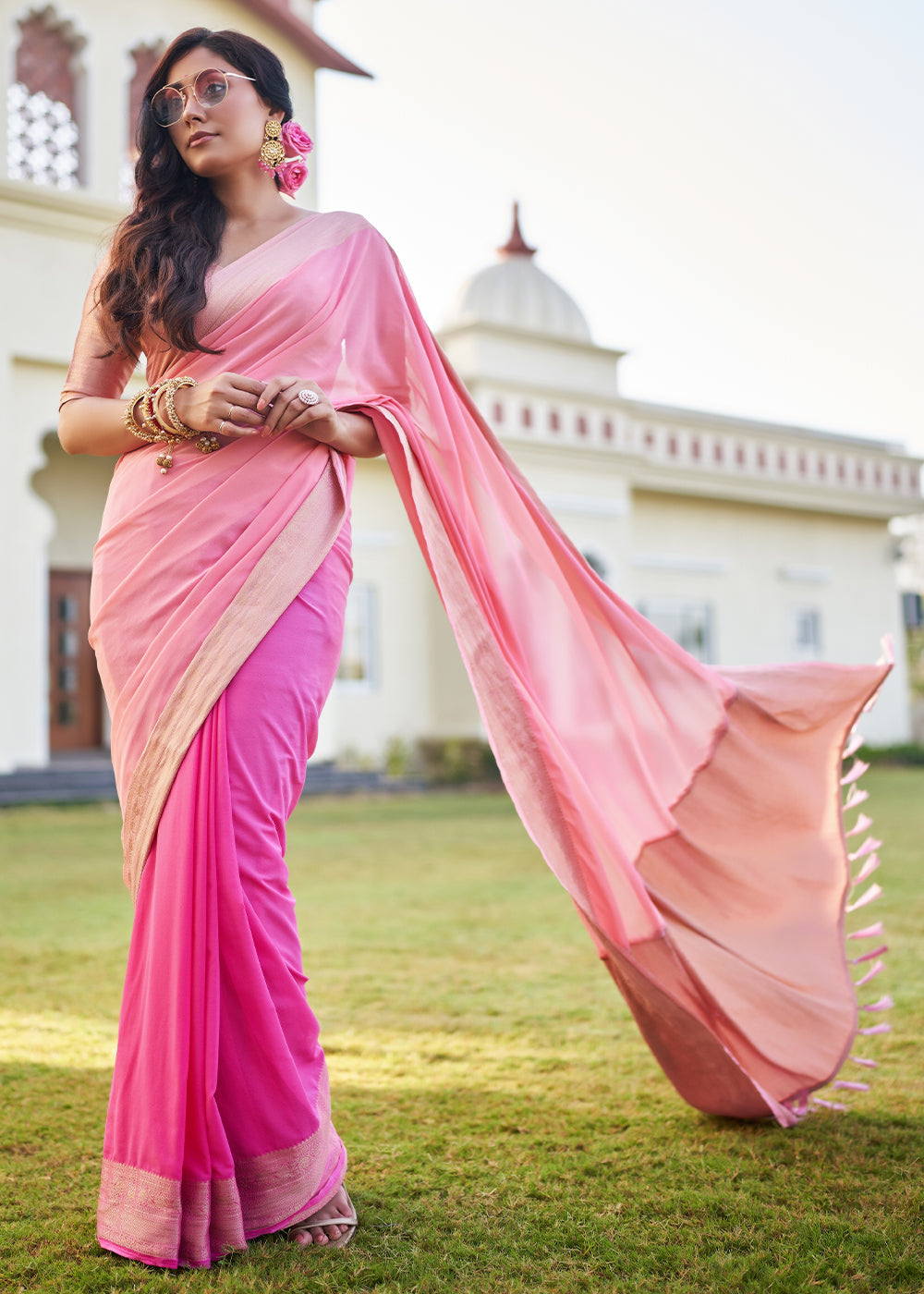 Charm Pink Woven Georgette saree