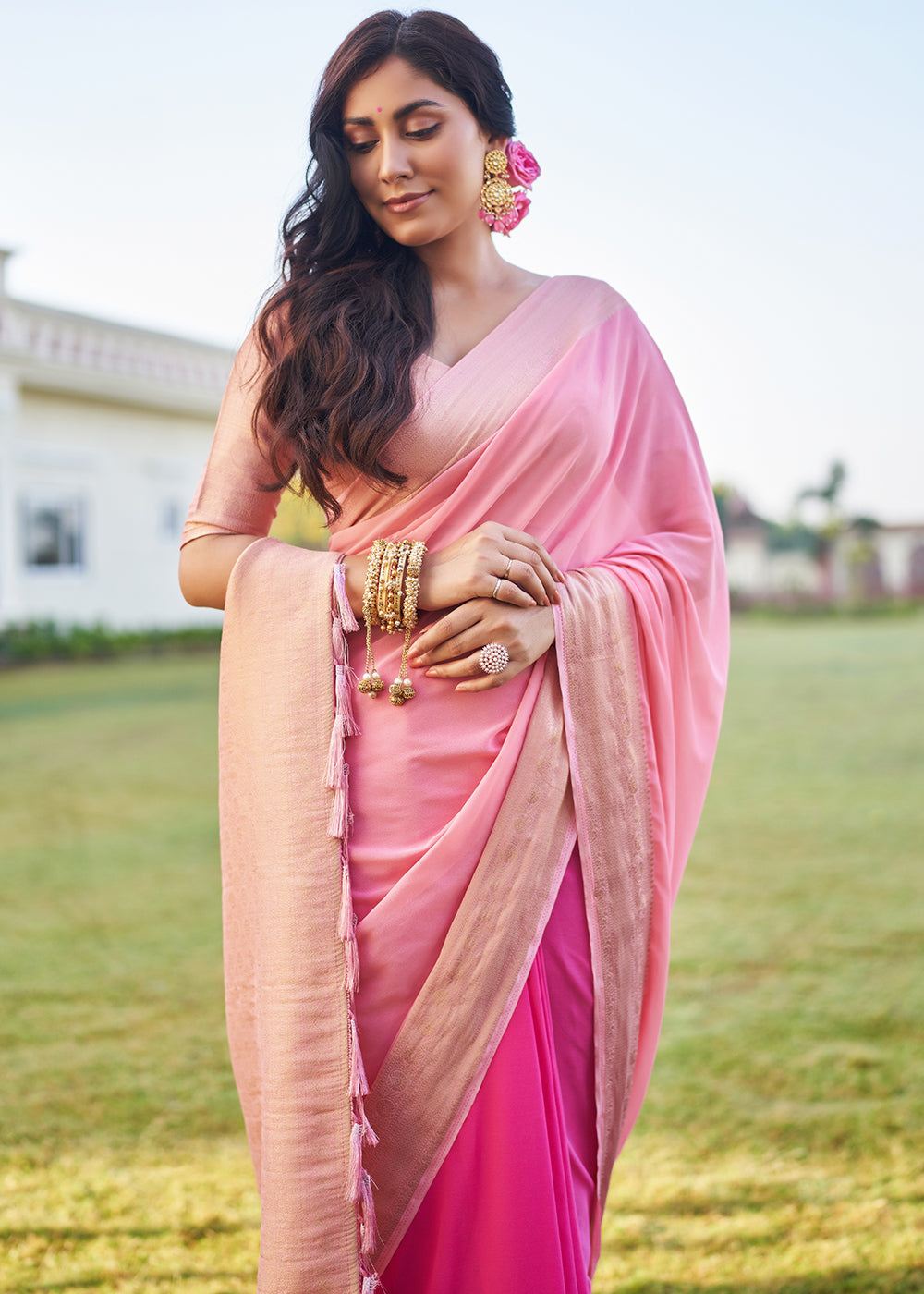 Charm Pink Woven Georgette saree