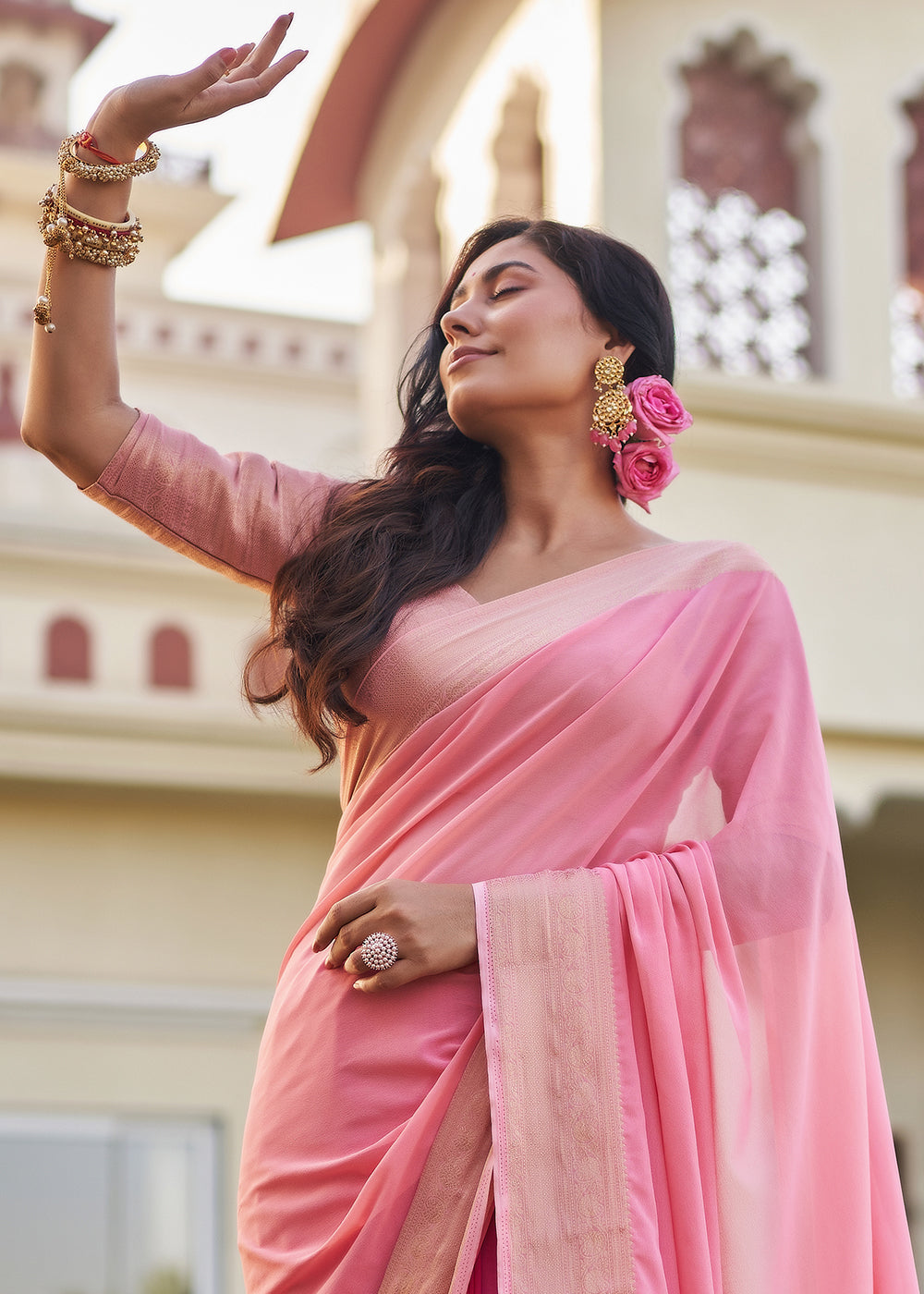 Charm Pink Woven Georgette saree