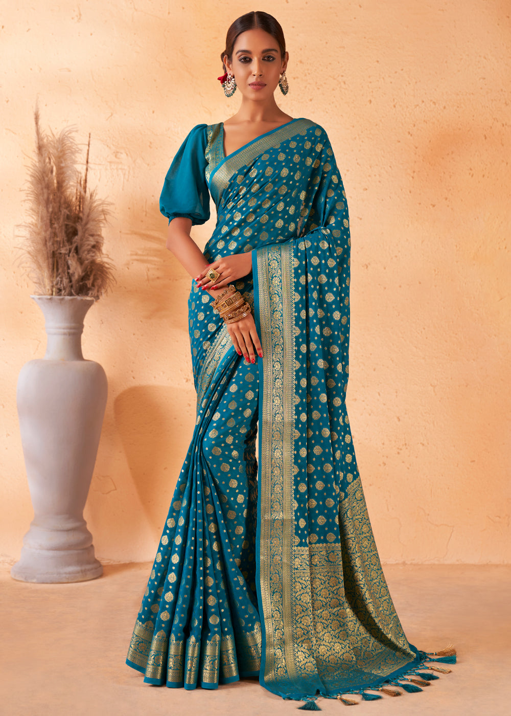 Teal Blue Woven Georgette Saree