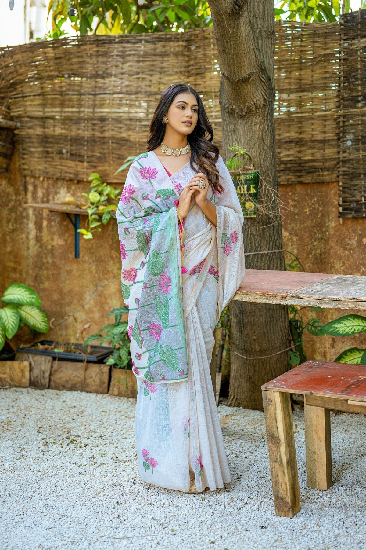 Lily Pink and White Muga Cotton Saree