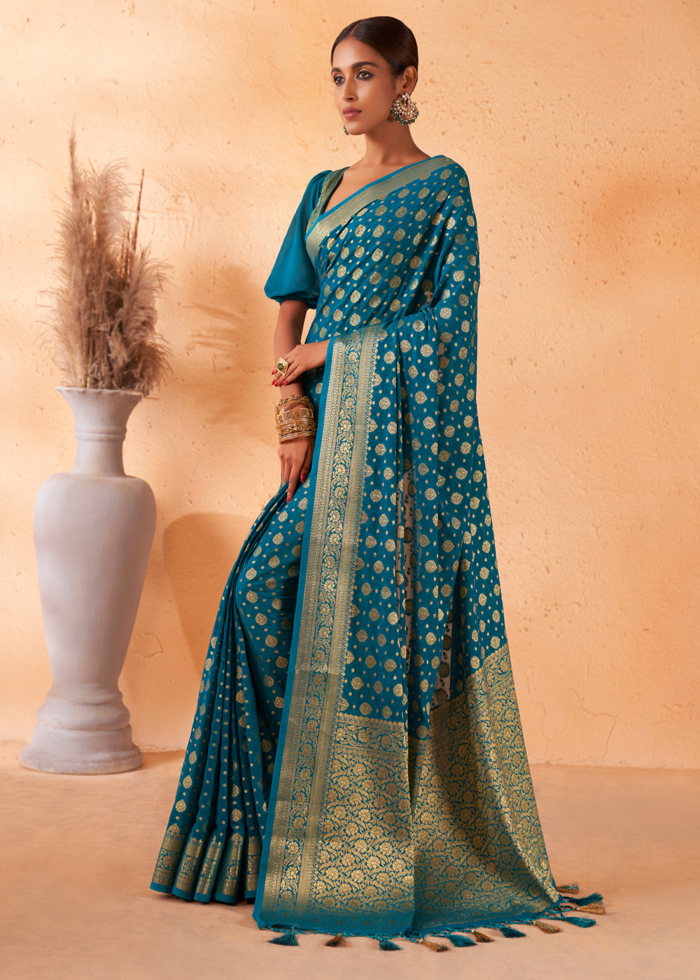 Teal Blue Woven Georgette Saree