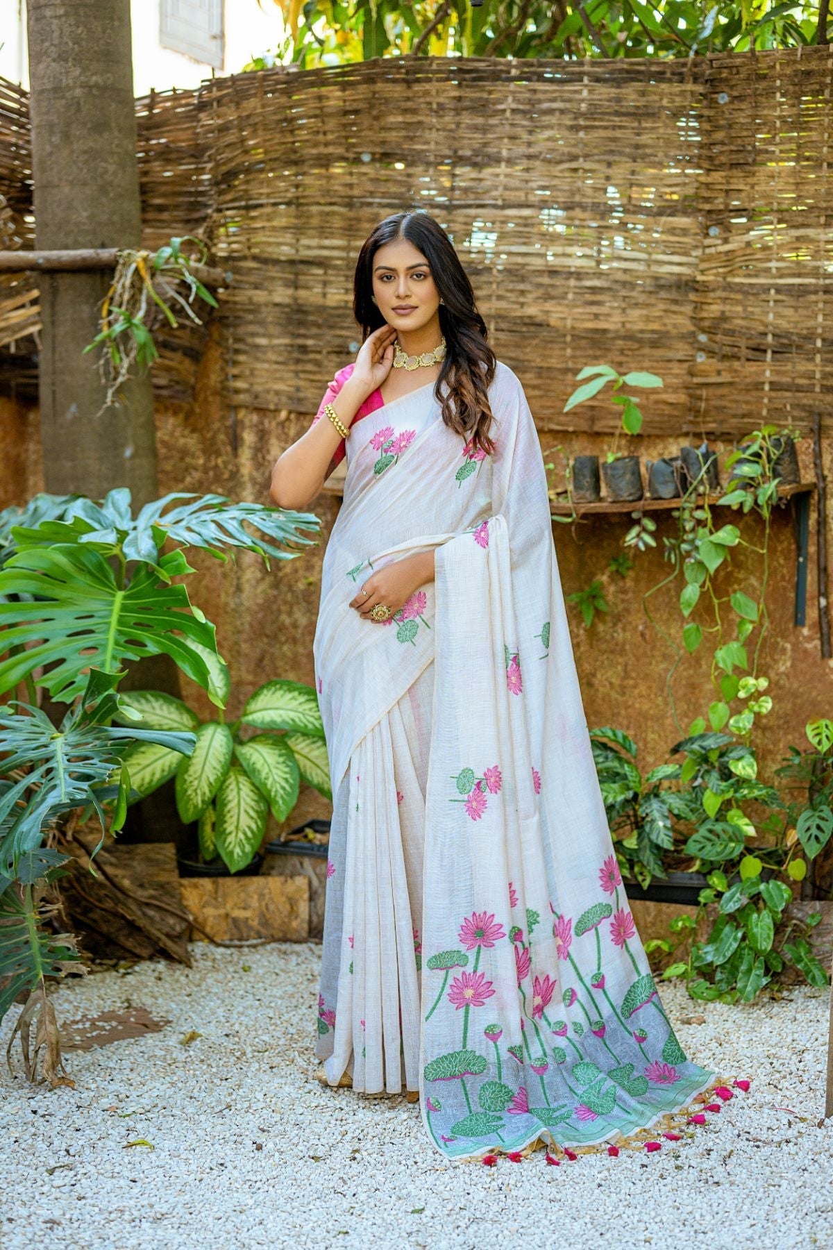 Lily Pink and White Muga Cotton Saree