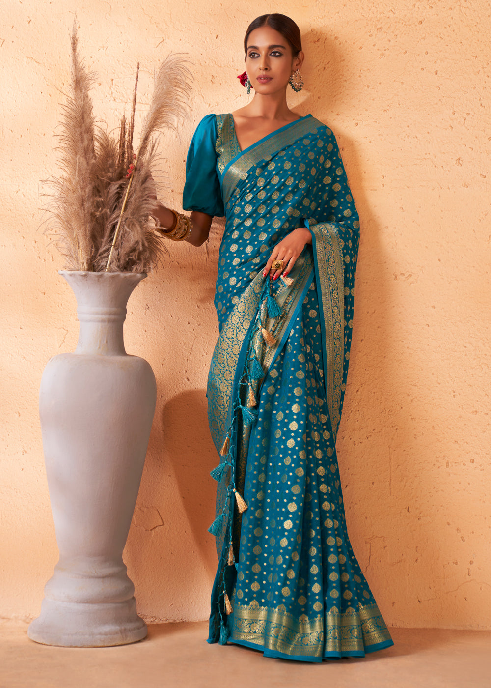 Teal Blue Woven Georgette Saree