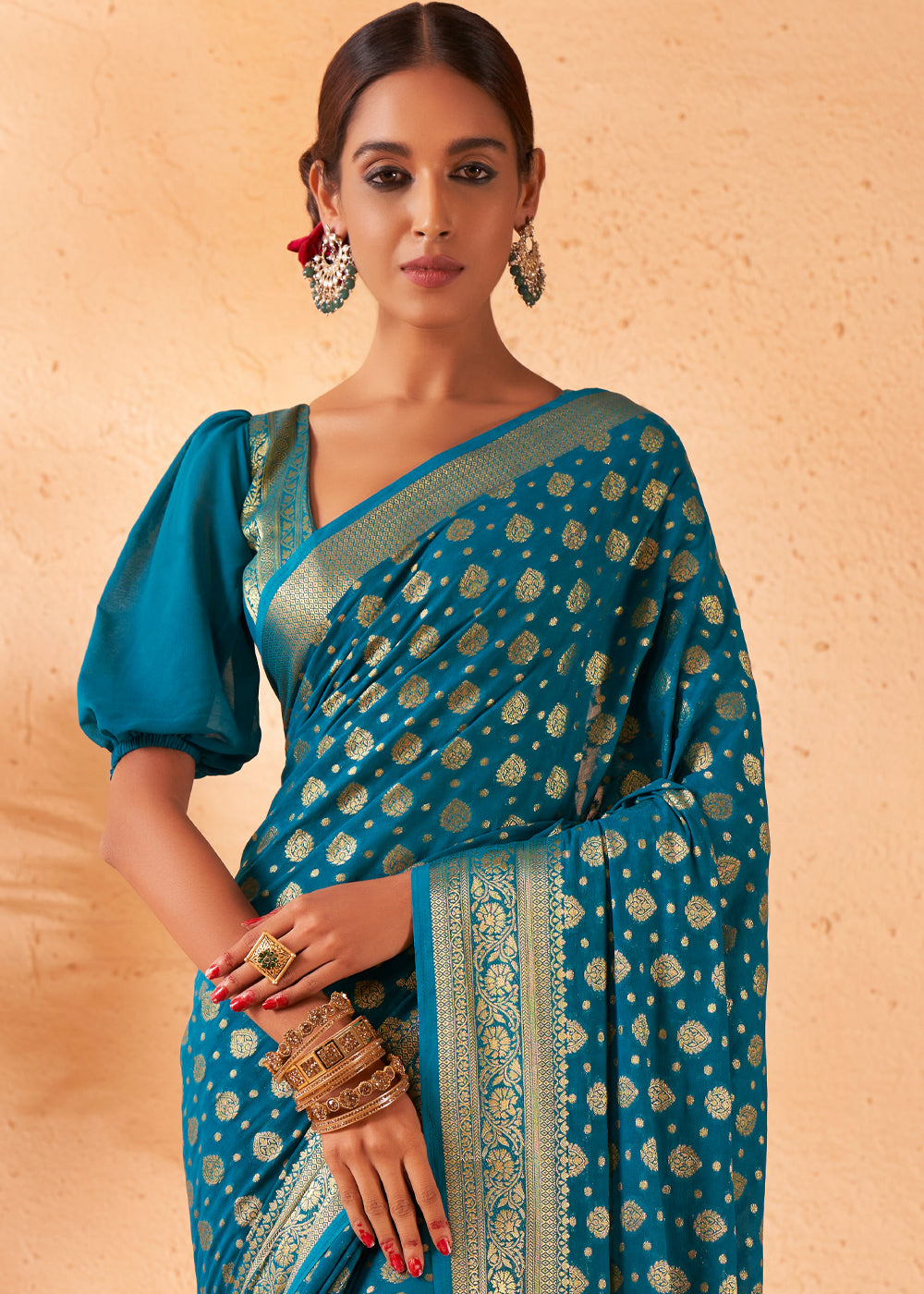 Teal Blue Woven Georgette Saree