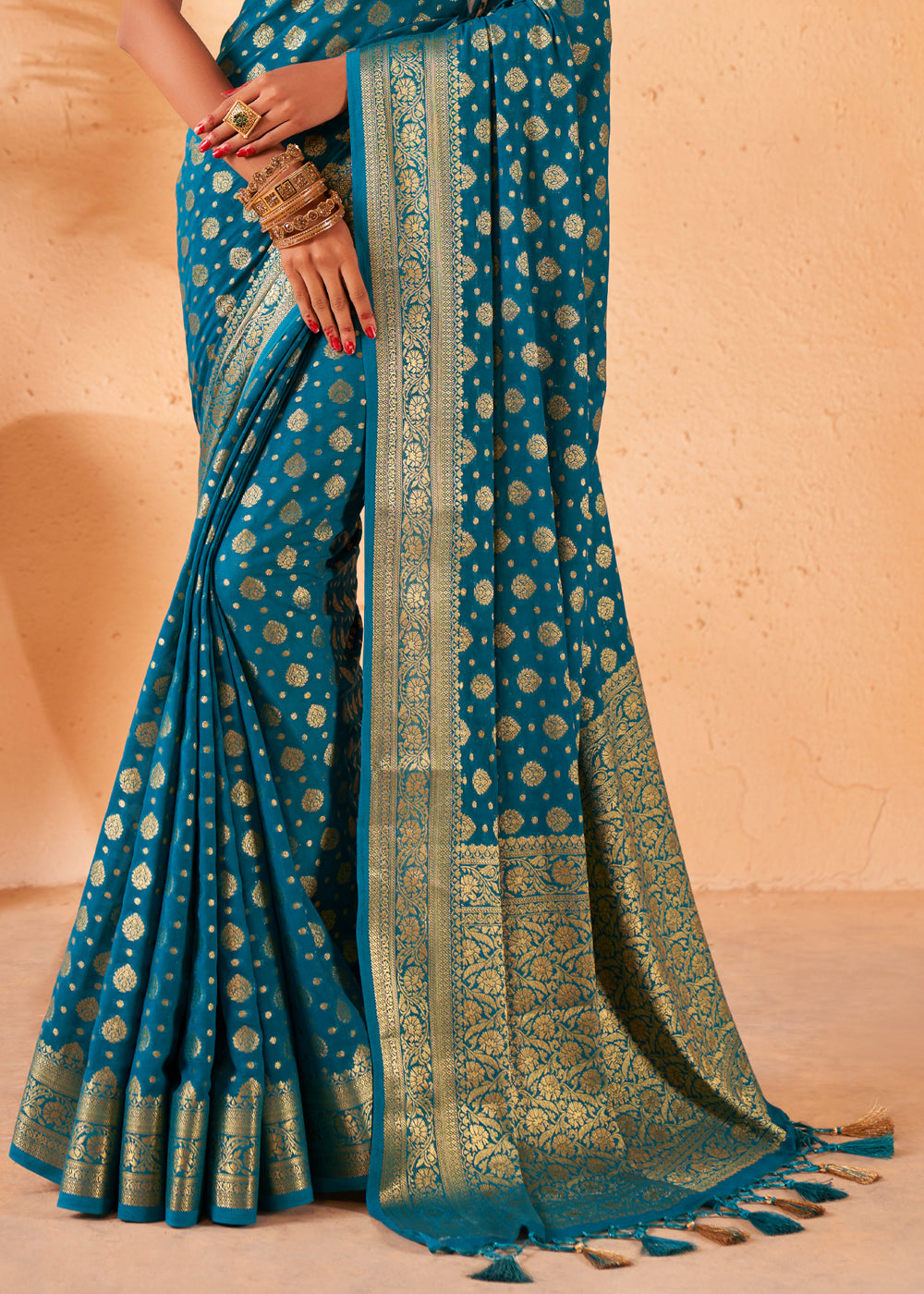 Teal Blue Woven Georgette Saree