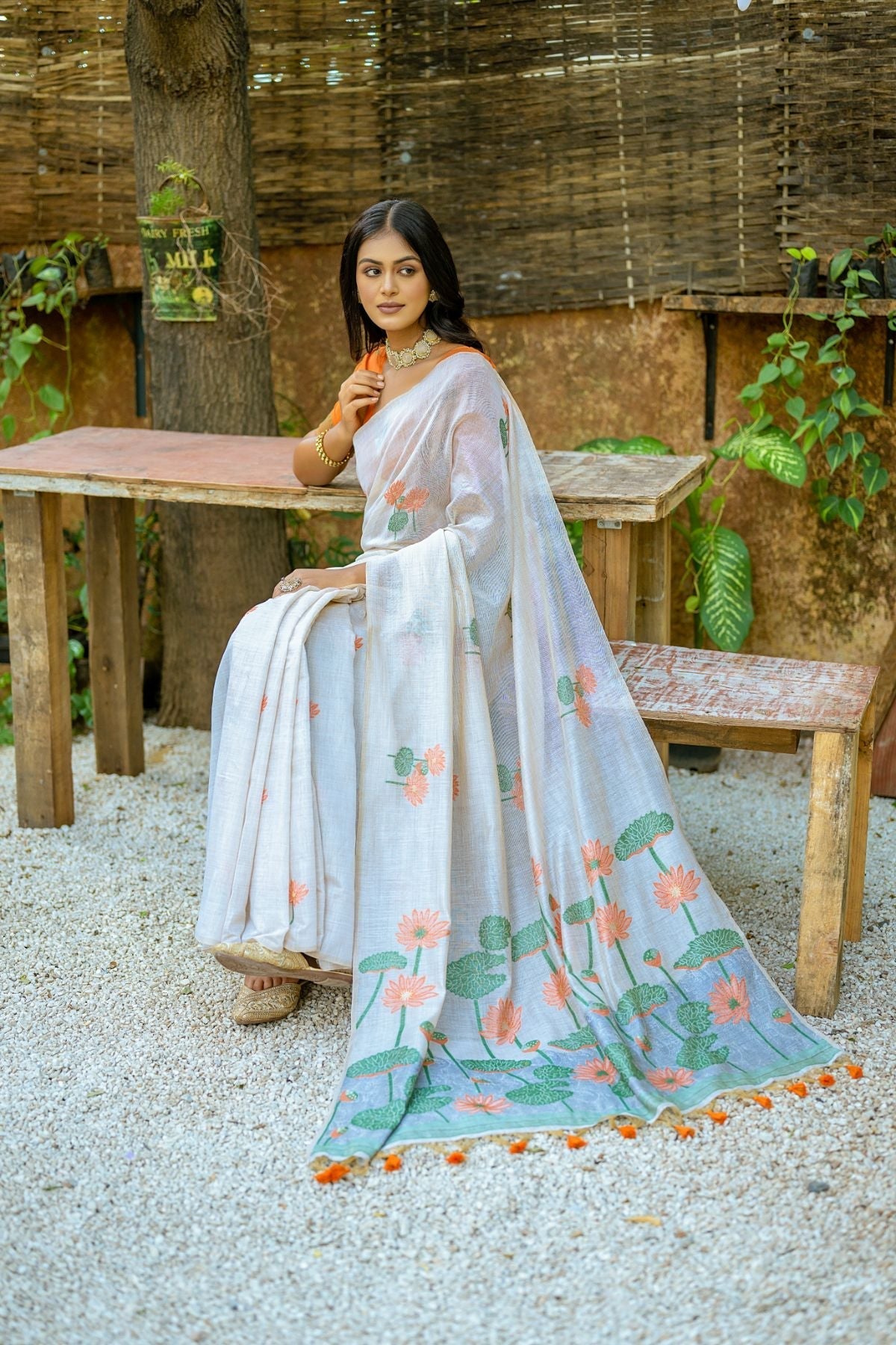 Orange and White Muga Cotton Saree