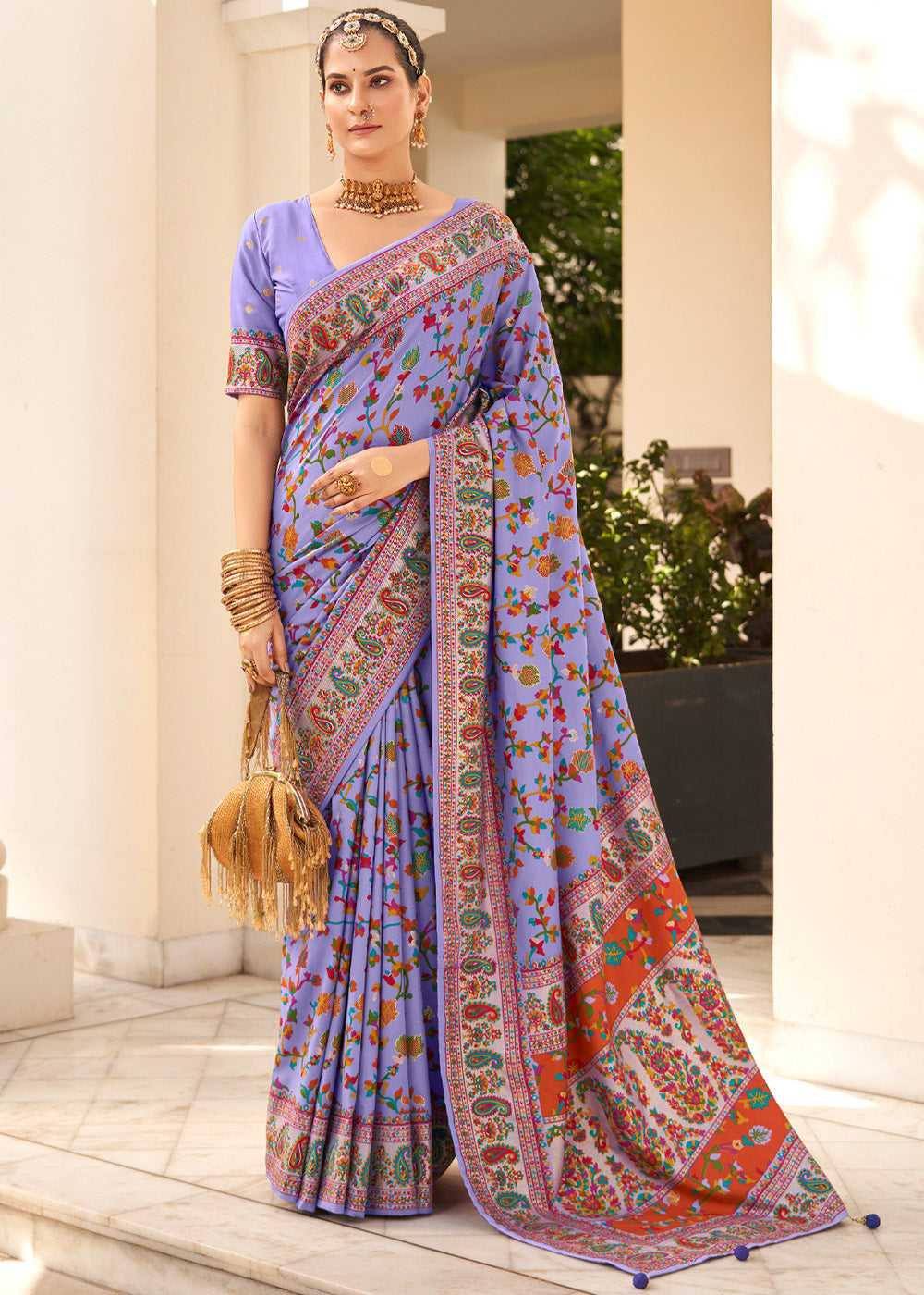 Heliotrope Purple Handloom Printed  Kashmiri Jamewar Silk Saree