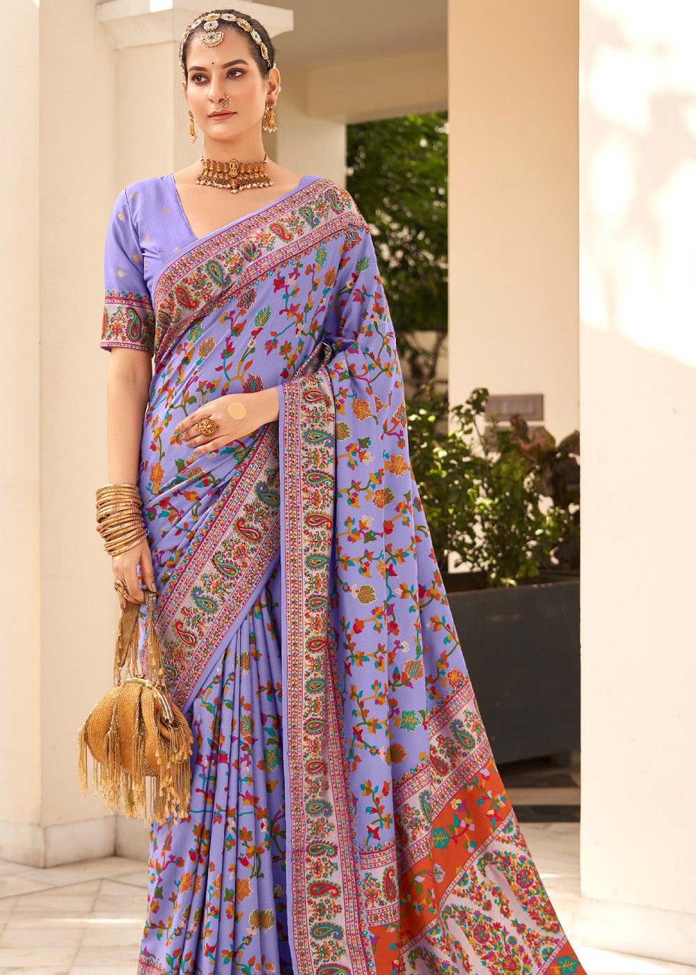 Heliotrope Purple Handloom Printed  Kashmiri Jamewar Silk Saree