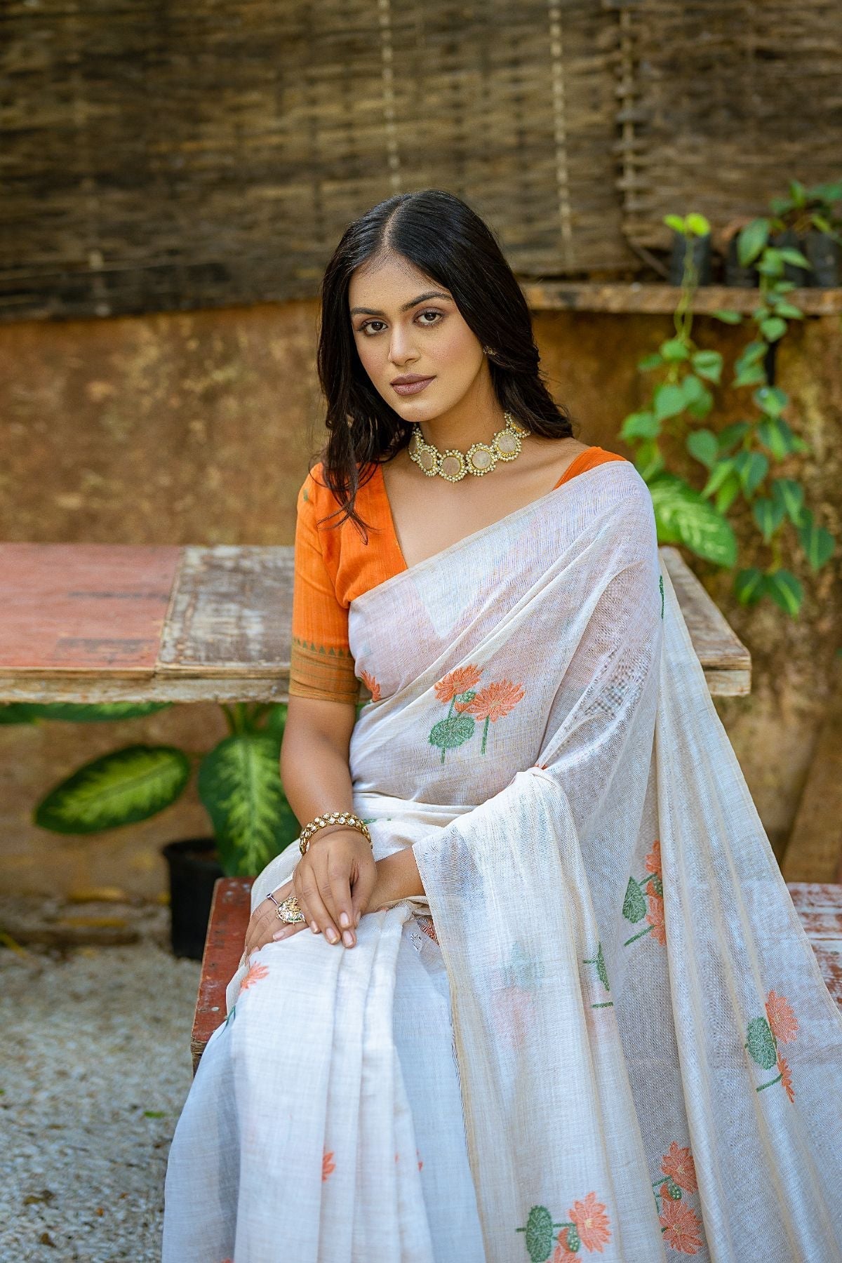 Orange and White Muga Cotton Saree