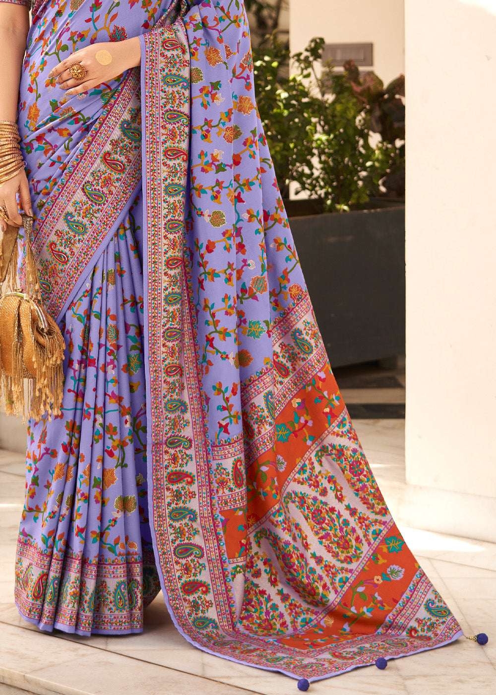 Heliotrope Purple Handloom Printed  Kashmiri Jamewar Silk Saree