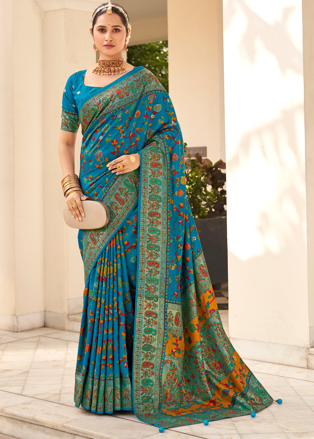 Olympic Blue Handloom Printed Kashmiri Jamewar Silk Saree