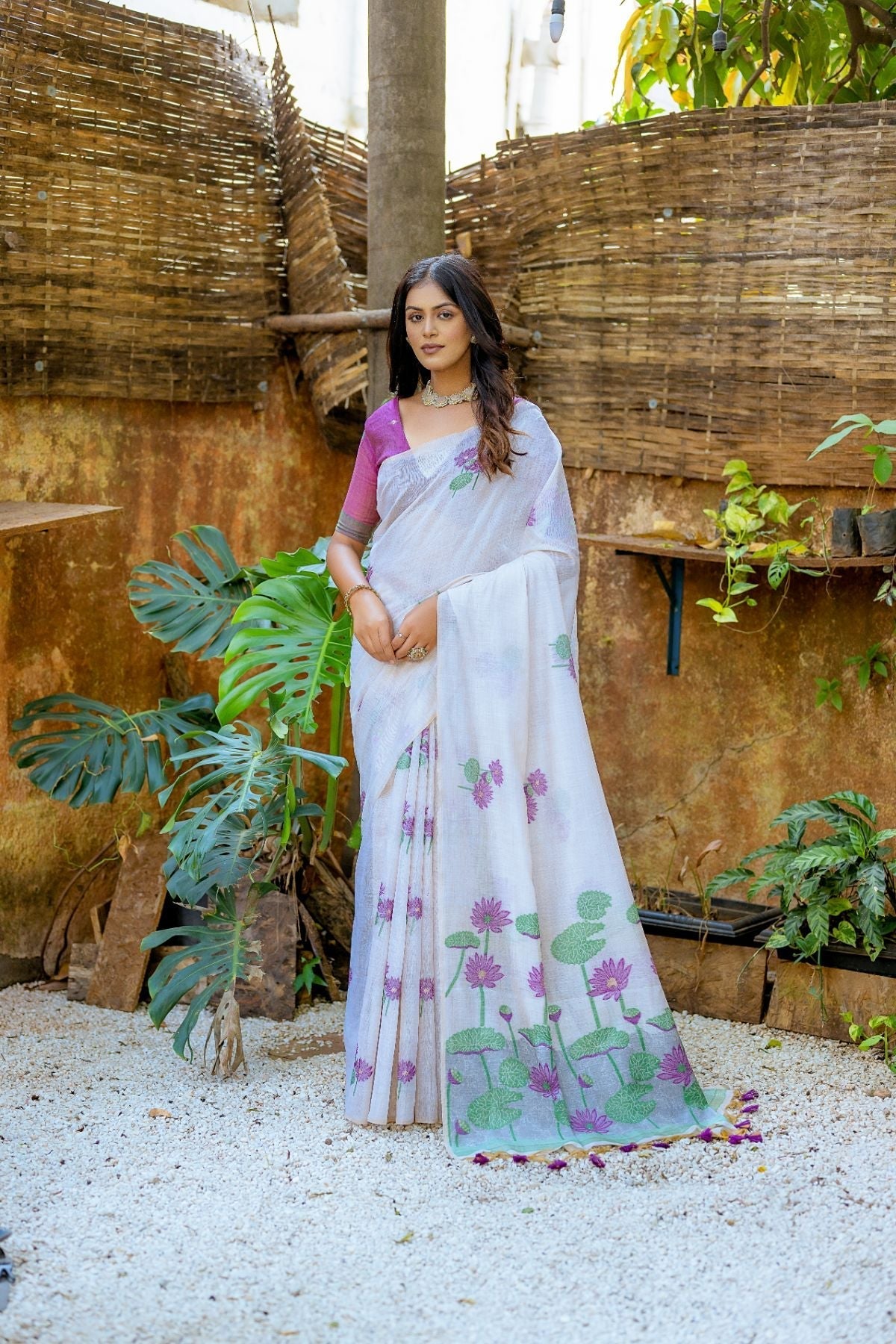 Aster Purple and White Muga Cotton Saree