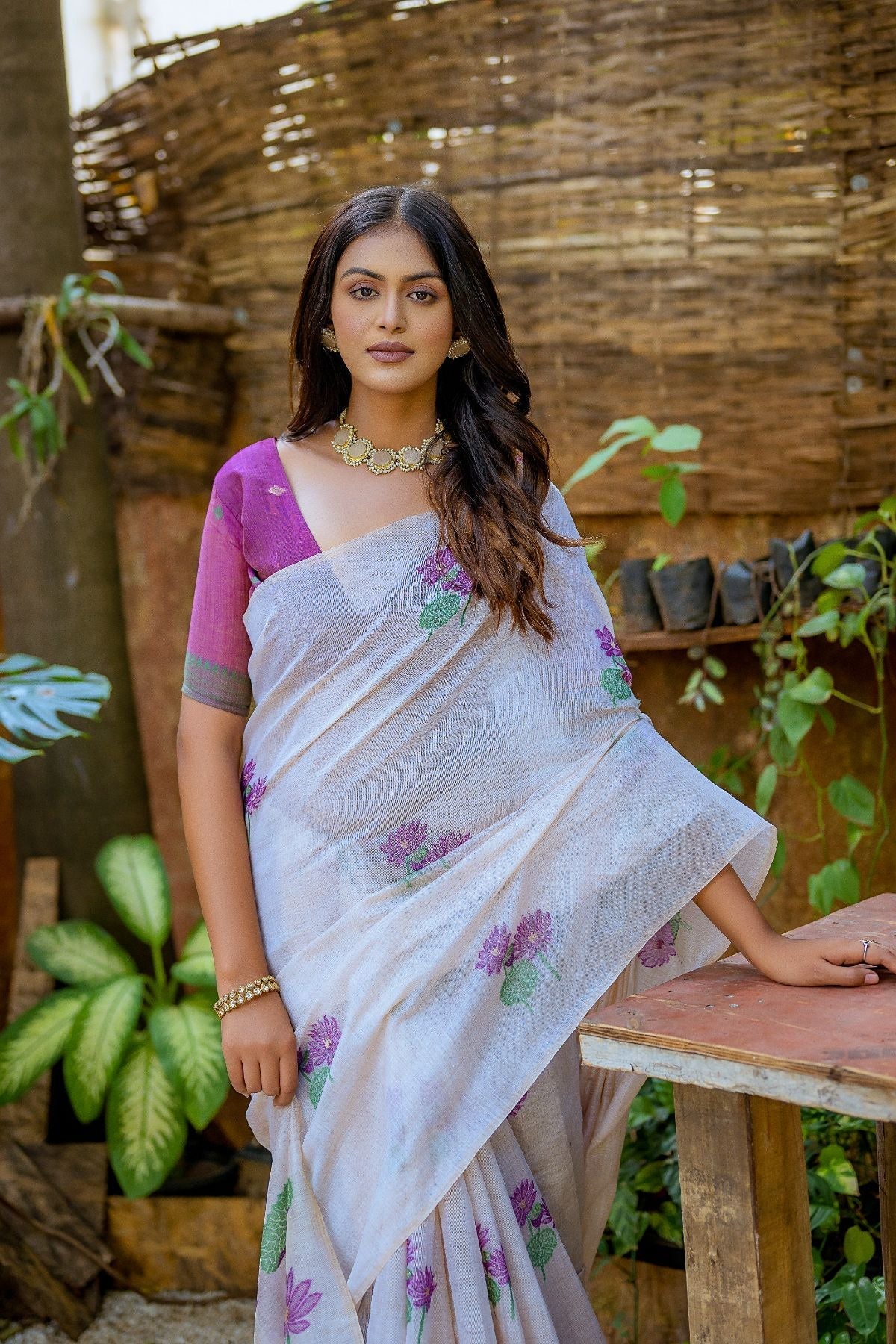 Aster Purple and White Muga Cotton Saree