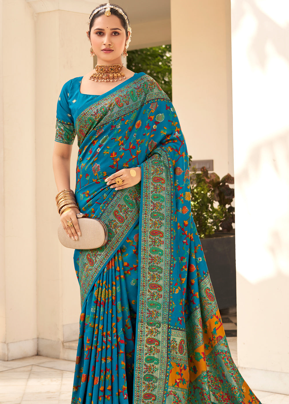 Olympic Blue Handloom Printed Kashmiri Jamewar Silk Saree