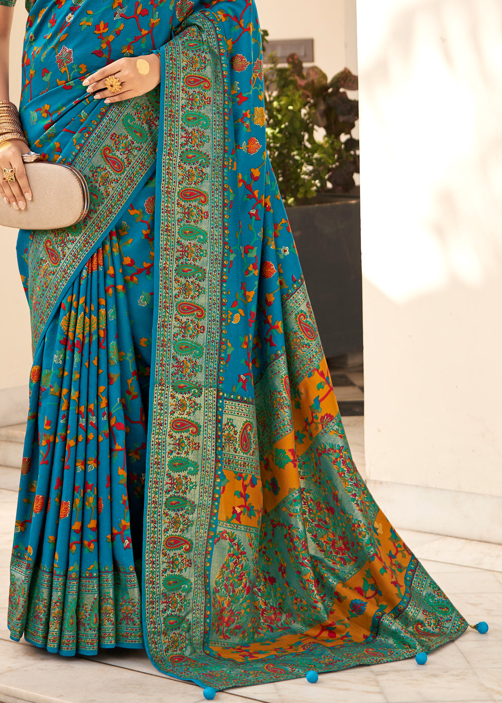 Olympic Blue Handloom Printed Kashmiri Jamewar Silk Saree