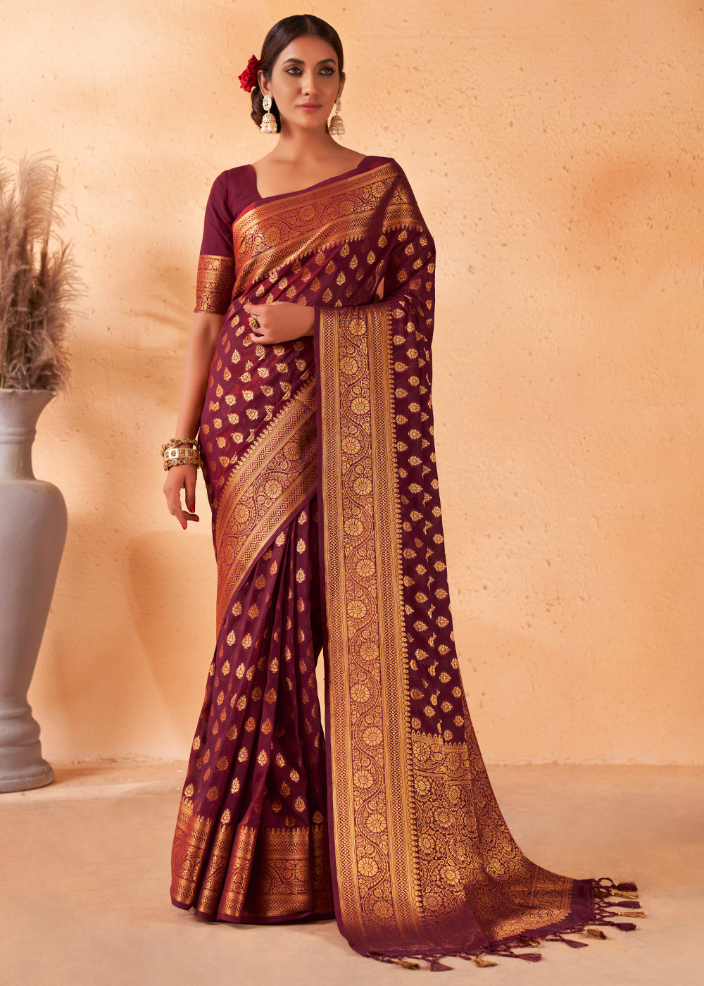 El Salva Brown Woven Georgette Saree