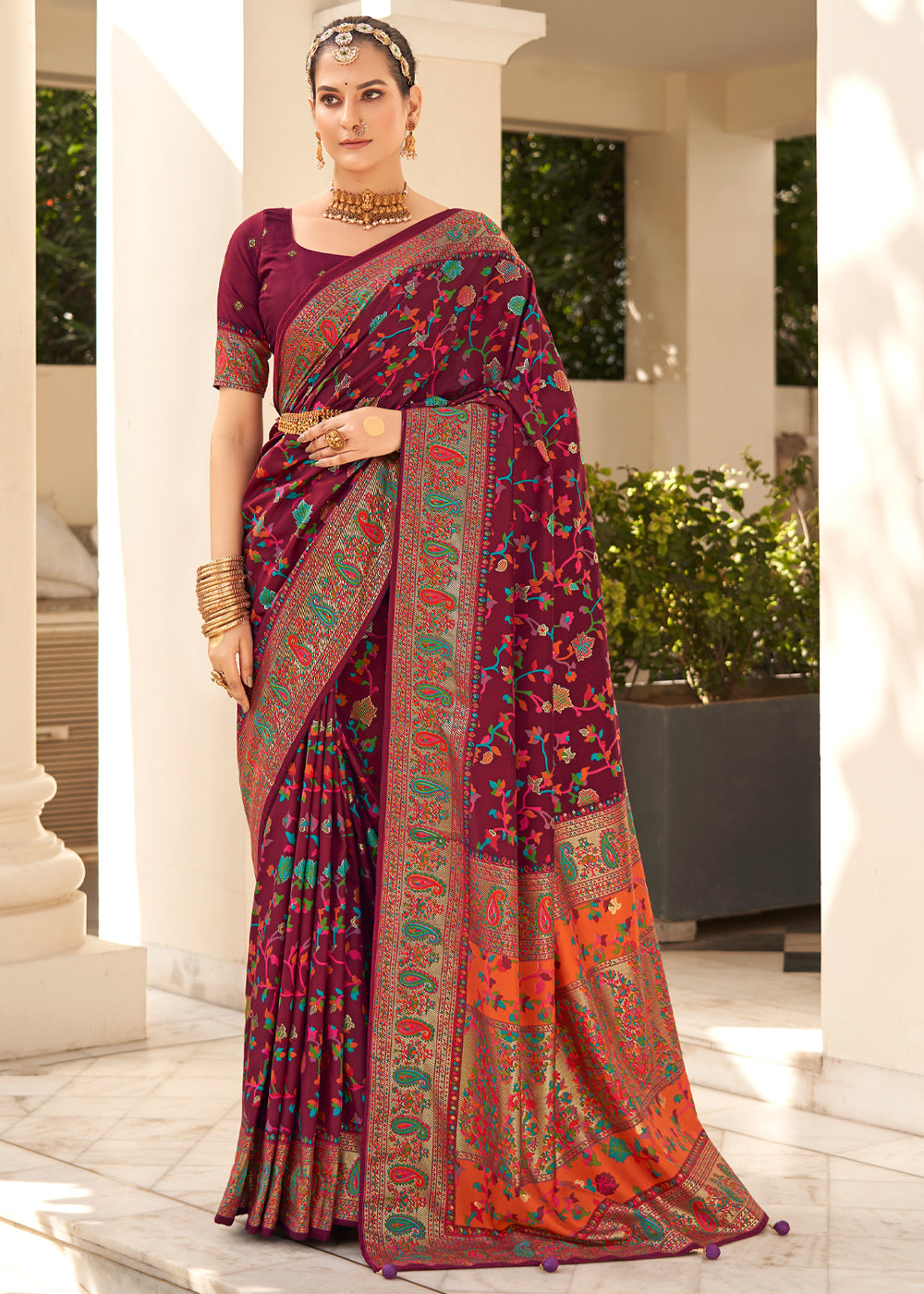 Burgundy Maroon Handloom Printed Kashmiri Jamewar Silk Saree