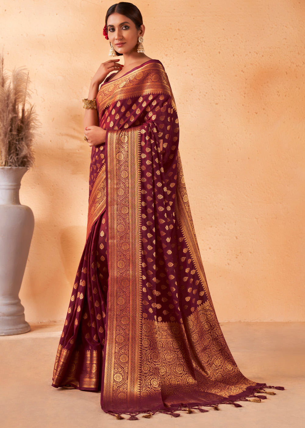 El Salva Brown Woven Georgette Saree