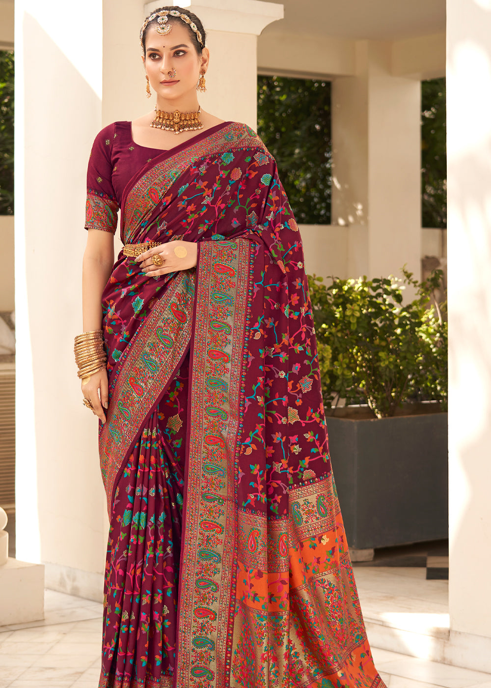 Burgundy Maroon Handloom Printed Kashmiri Jamewar Silk Saree