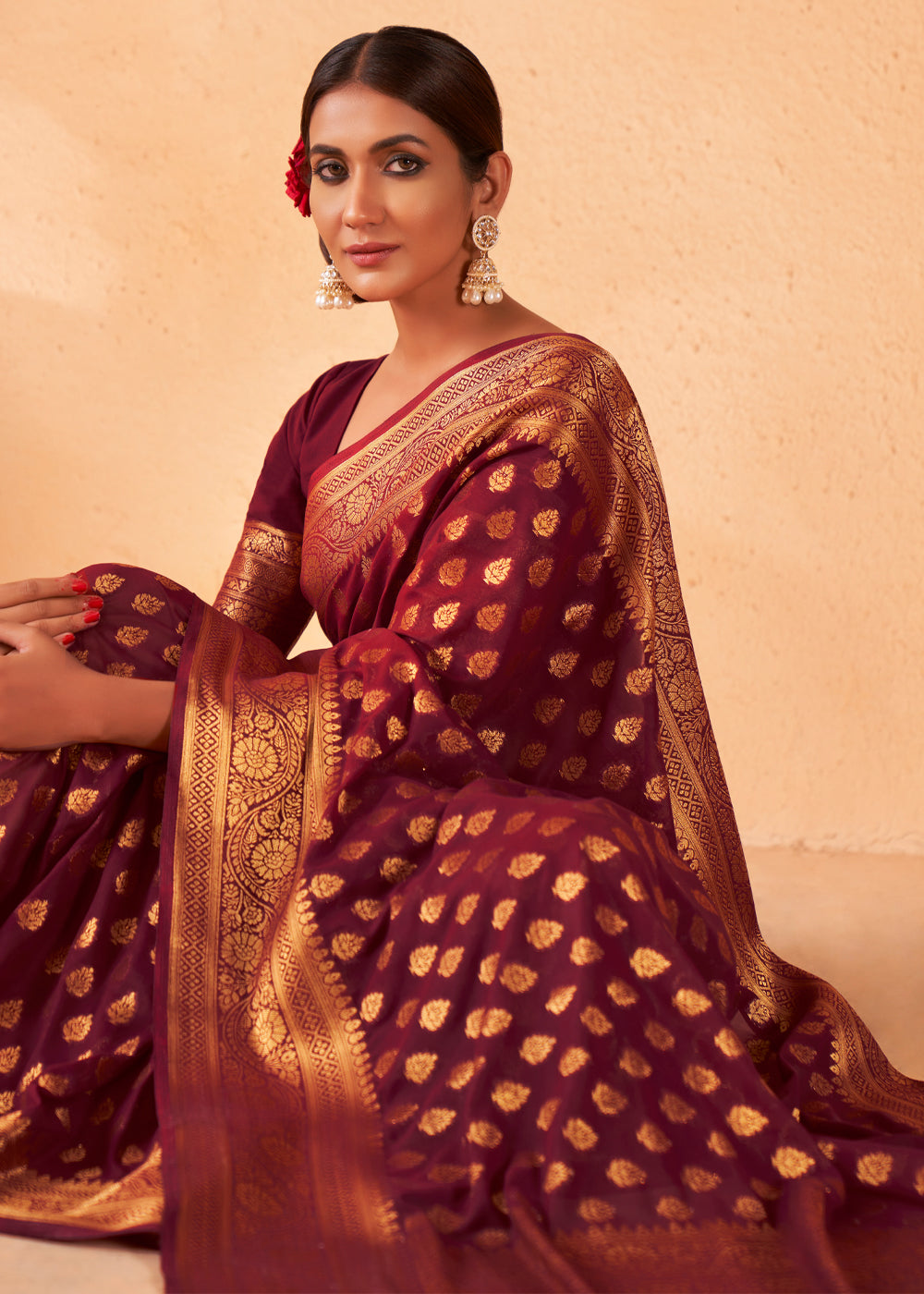 El Salva Brown Woven Georgette Saree