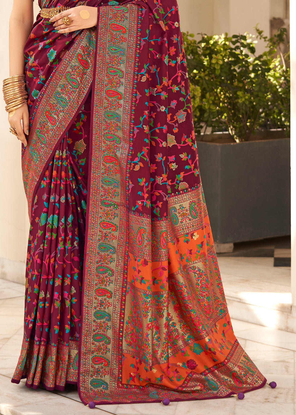 Burgundy Maroon Handloom Printed Kashmiri Jamewar Silk Saree