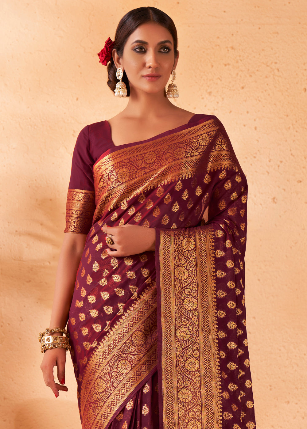 El Salva Brown Woven Georgette Saree