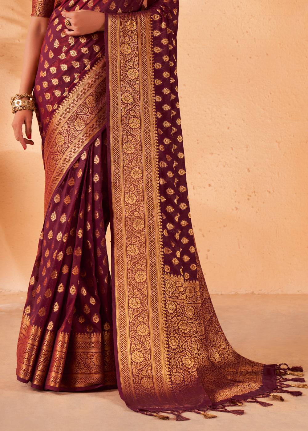 El Salva Brown Woven Georgette Saree