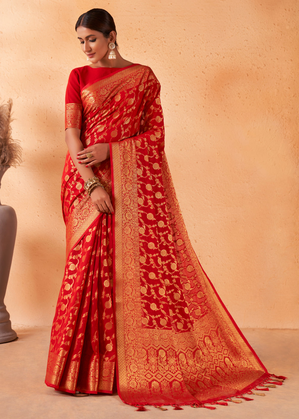 Bright Red Woven Georgette Saree