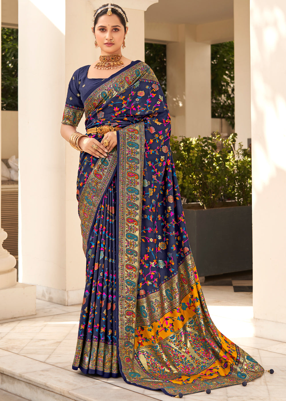 Prussian Blue Handloom Printed Kashmiri Jamewar Silk Saree