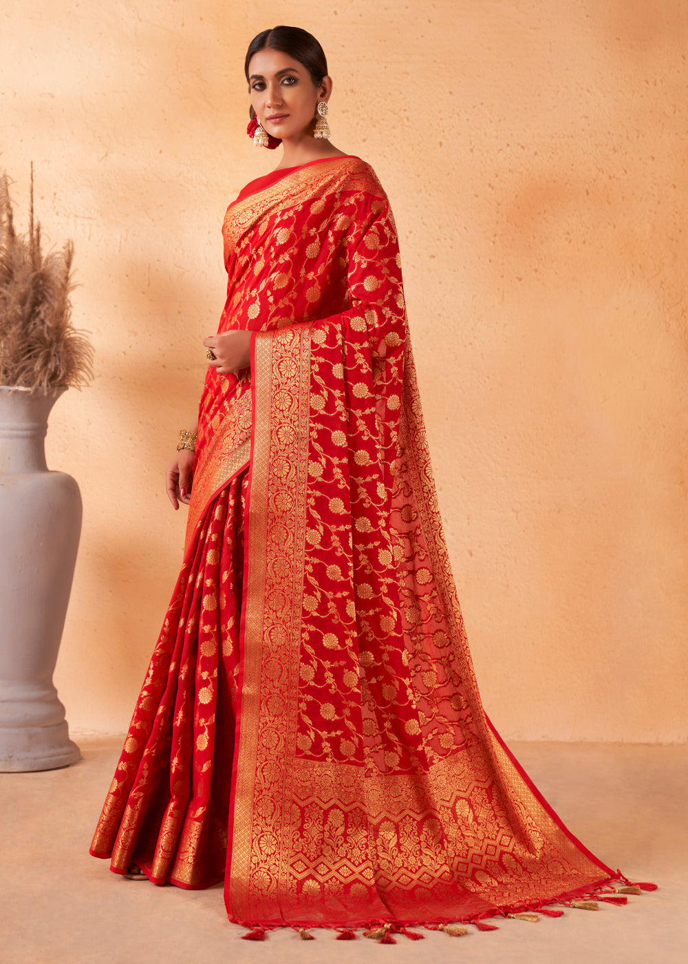 Bright Red Woven Georgette Saree