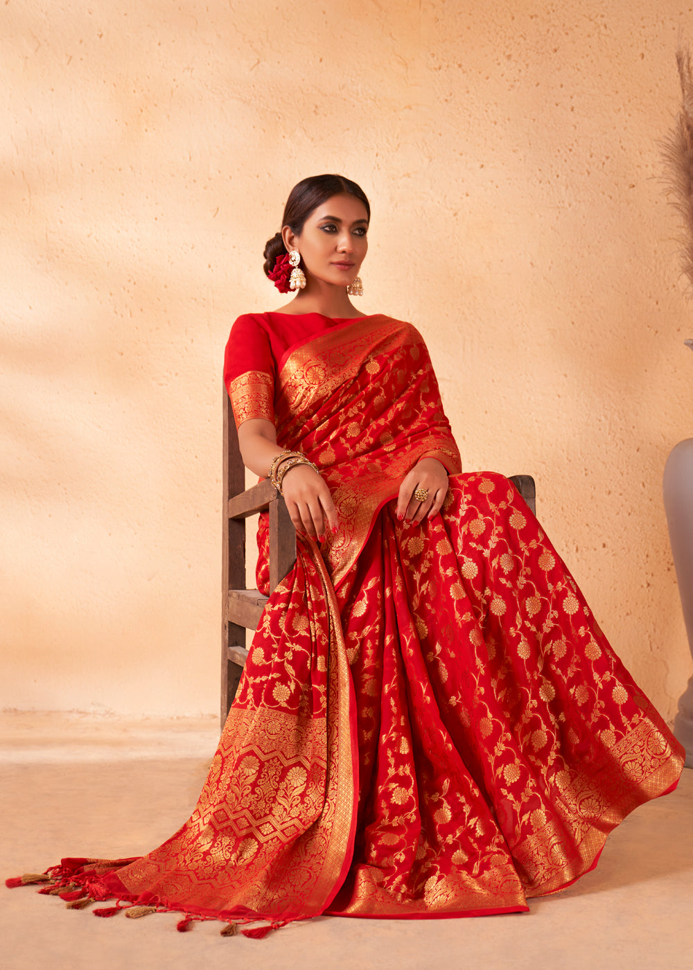 Bright Red Woven Georgette Saree