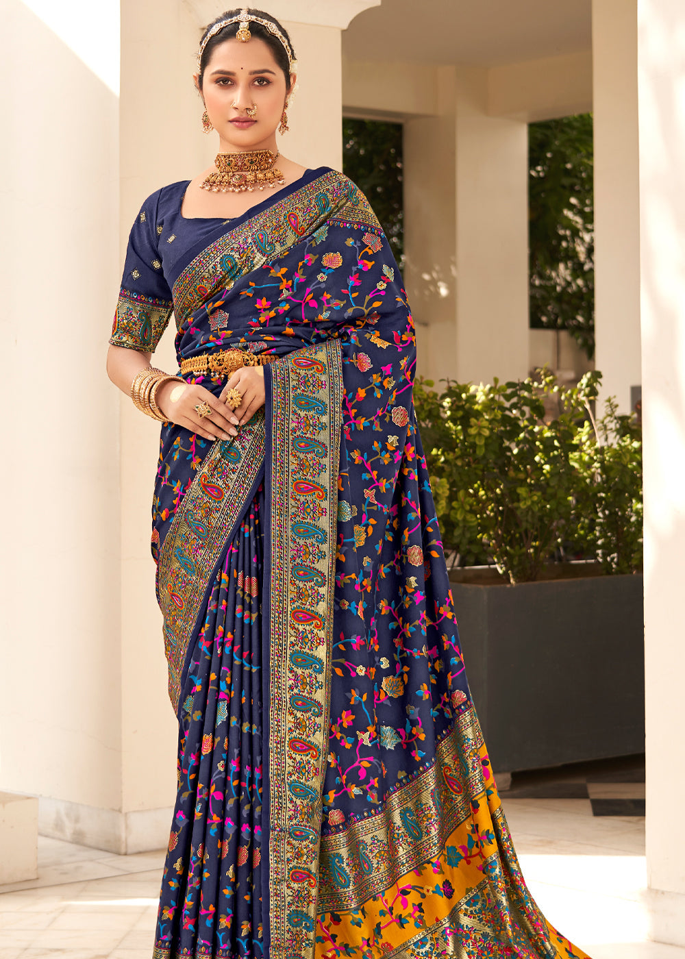 Prussian Blue Handloom Printed Kashmiri Jamewar Silk Saree