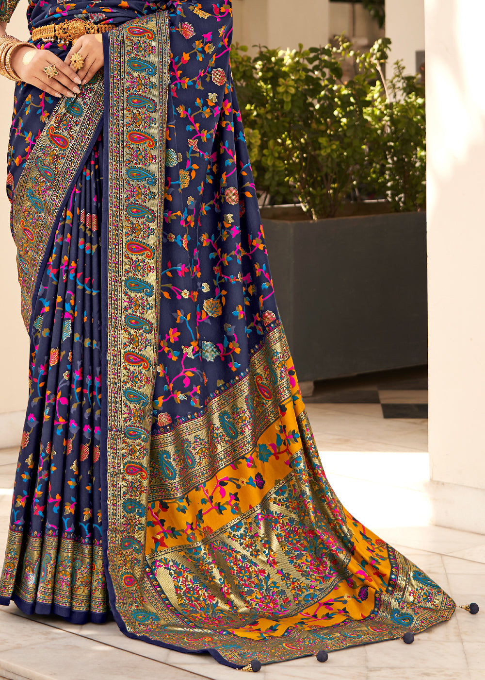 Prussian Blue Handloom Printed Kashmiri Jamewar Silk Saree