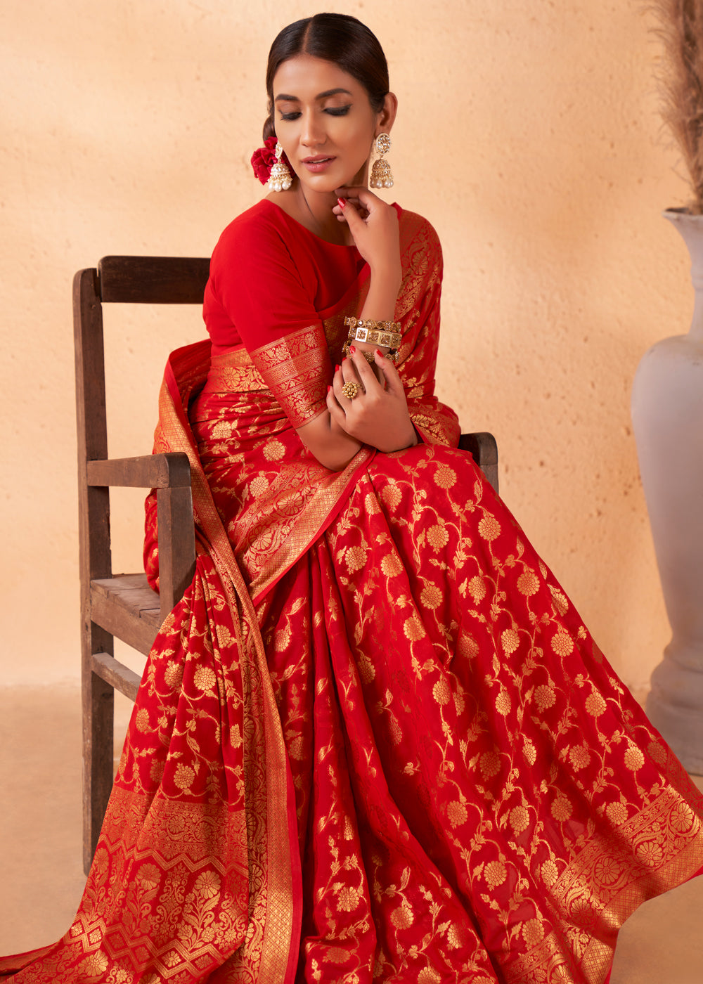 Bright Red Woven Georgette Saree