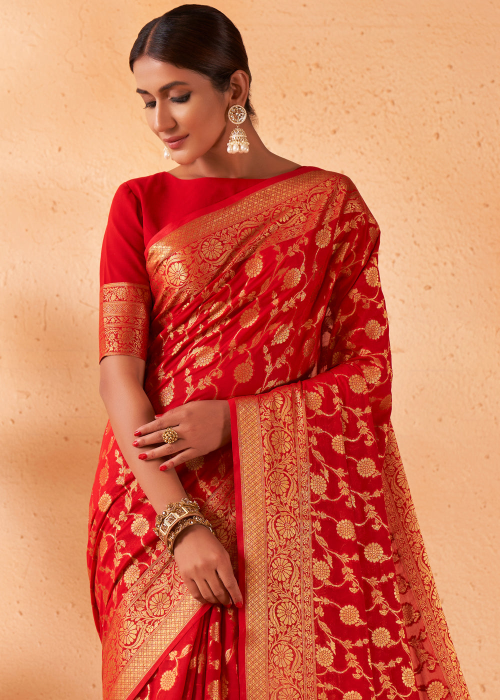 Bright Red Woven Georgette Saree