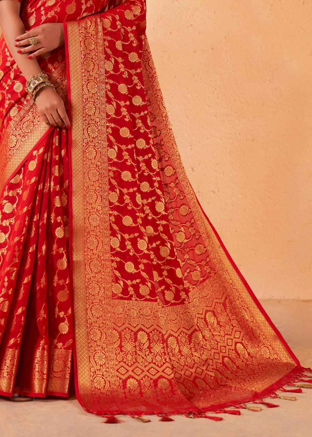 Bright Red Woven Georgette Saree