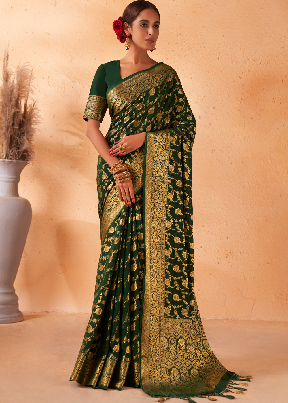 Woodland Green Woven Georgette Saree