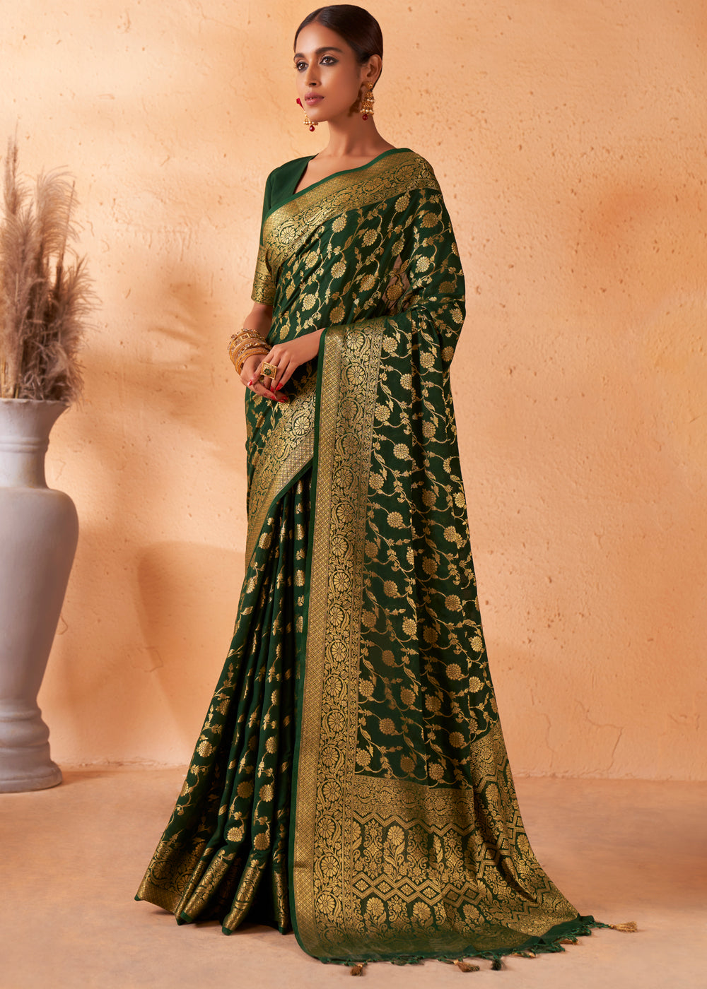 Woodland Green Woven Georgette Saree