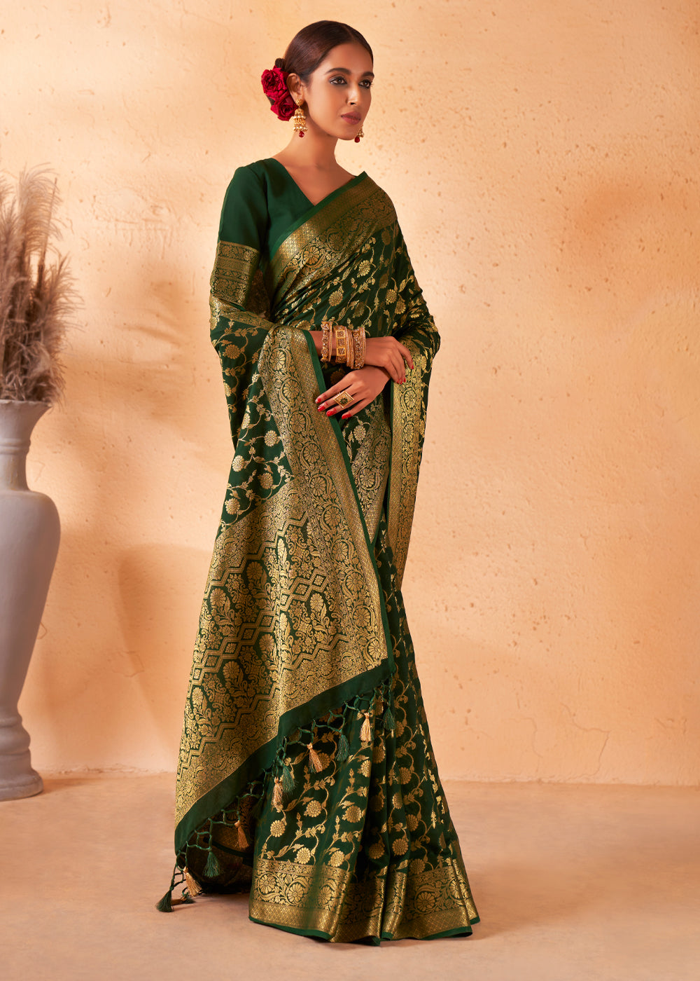 Woodland Green Woven Georgette Saree