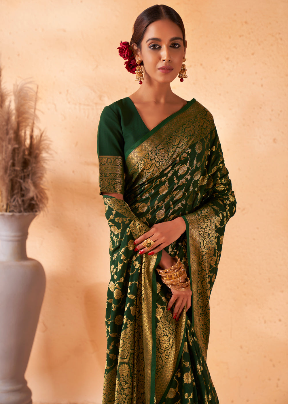 Woodland Green Woven Georgette Saree