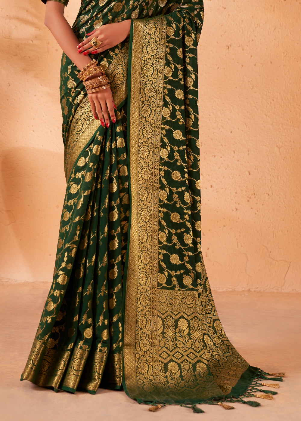 Woodland Green Woven Georgette Saree