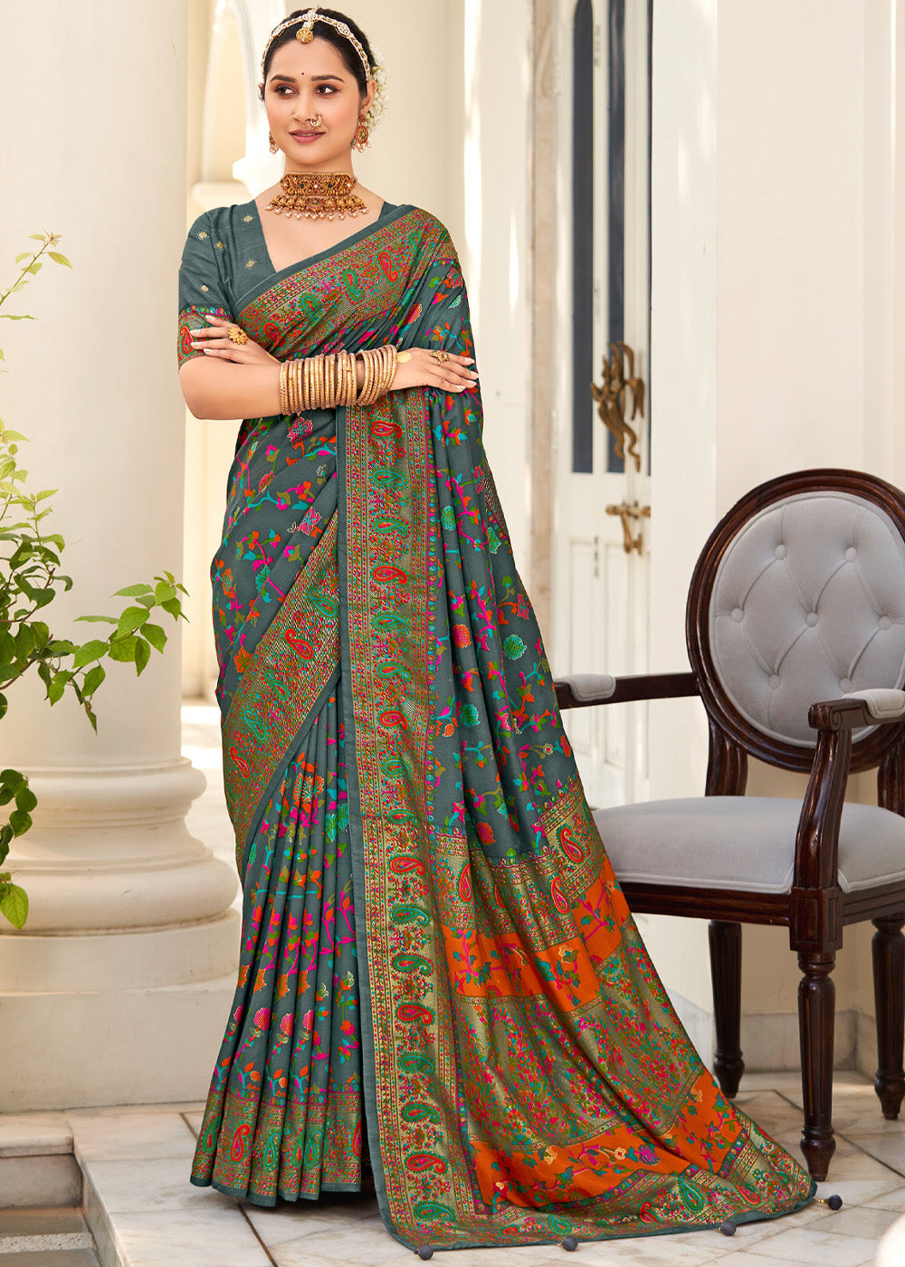 Hunter Grey Handloom Printed Kashmiri Jamewar Silk Saree